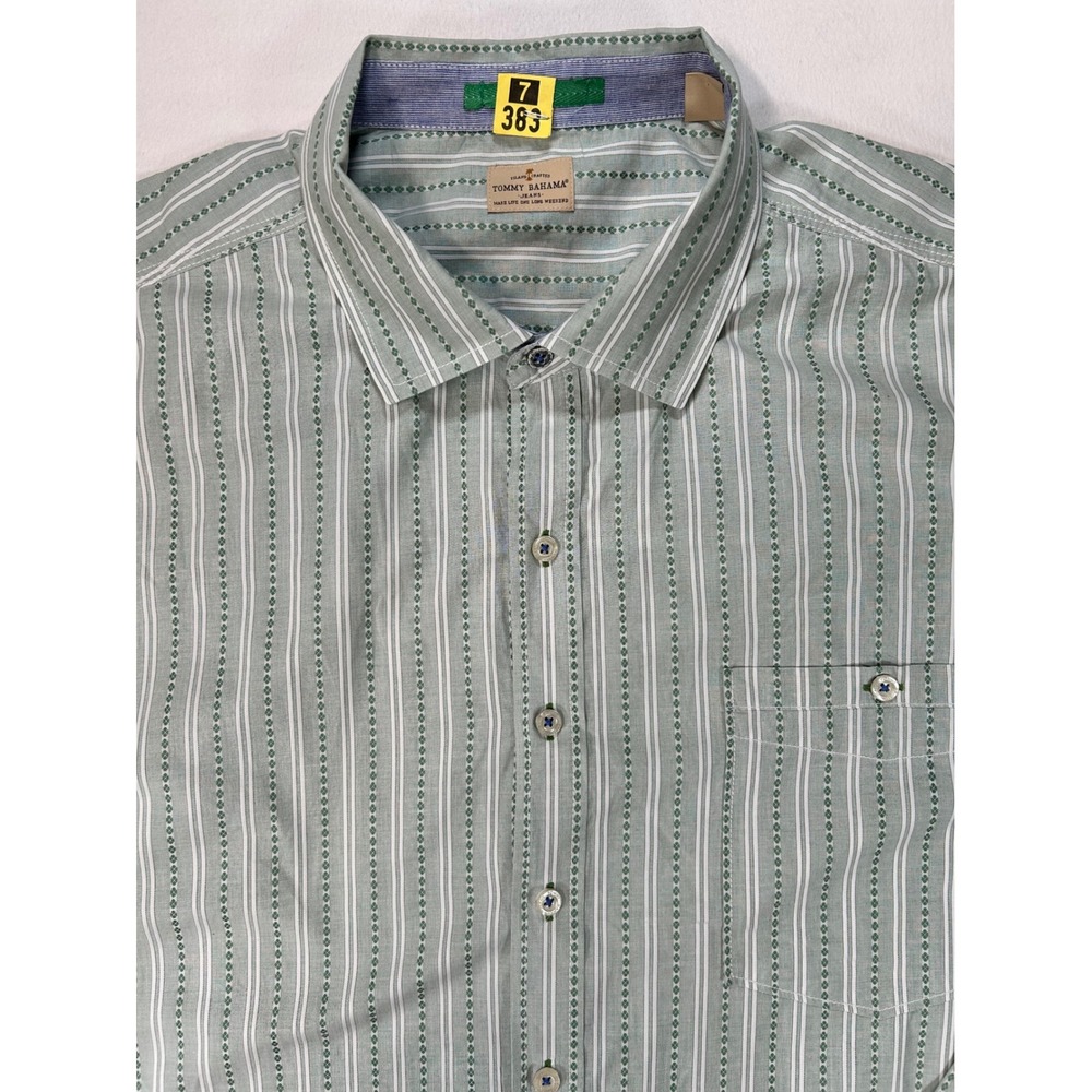 Tommy Bahama Jeans Mens 2XT Tall Green White Striped Cotton Button Down Shirt